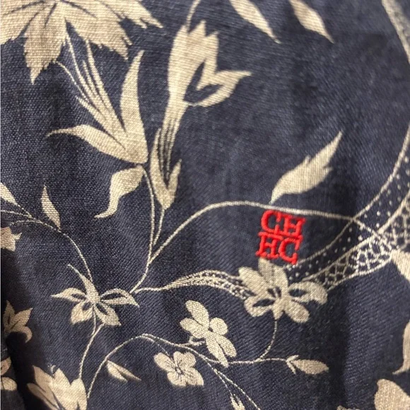 Carolina Herrera Men's Linen Blue Floral Print Button Down Shirt - Size 15 - Picture 2 of 11
